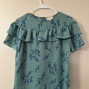 LOFT Teal Floral Ruffle Blouse